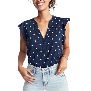 Old Navy  Blue & White Polka Dot  Ruffle Trim Sleeveless Shirt Size Large